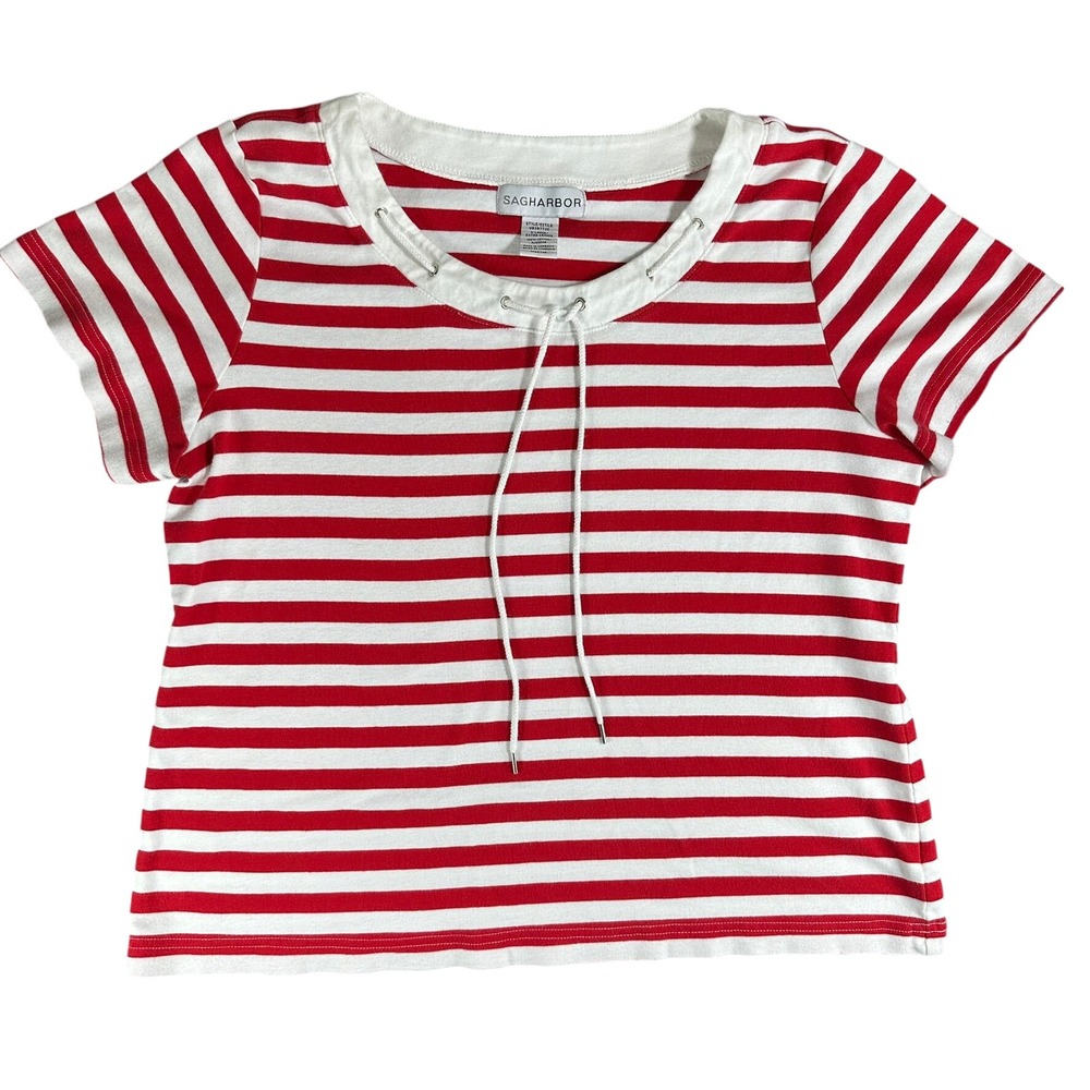Sag Harbor Womens XL Striped Top Red White Short Sleeve Lace Up